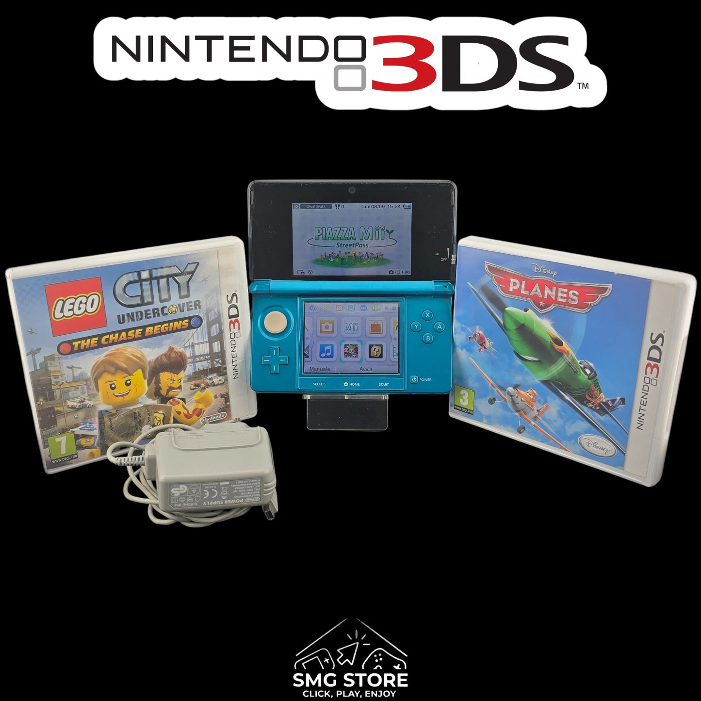 Nintendo 3DS Turchese Blu - Caricatore originale e 2 Giochi in 3D