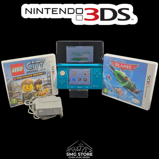 Nintendo 3DS Turchese Blu - Caricatore originale e 2 Giochi in 3D