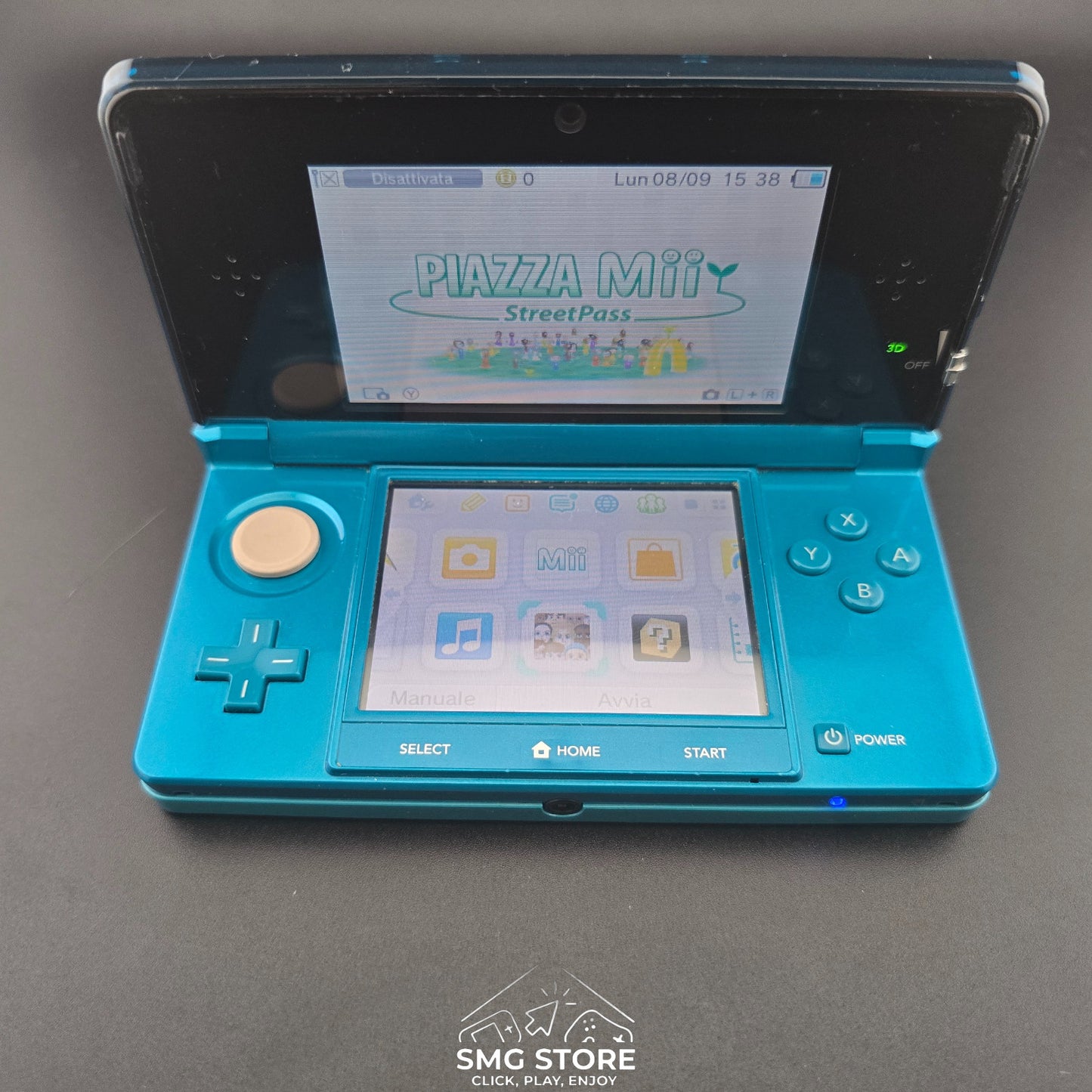 Nintendo 3DS Turchese Blu - Caricatore originale e 2 Giochi in 3D