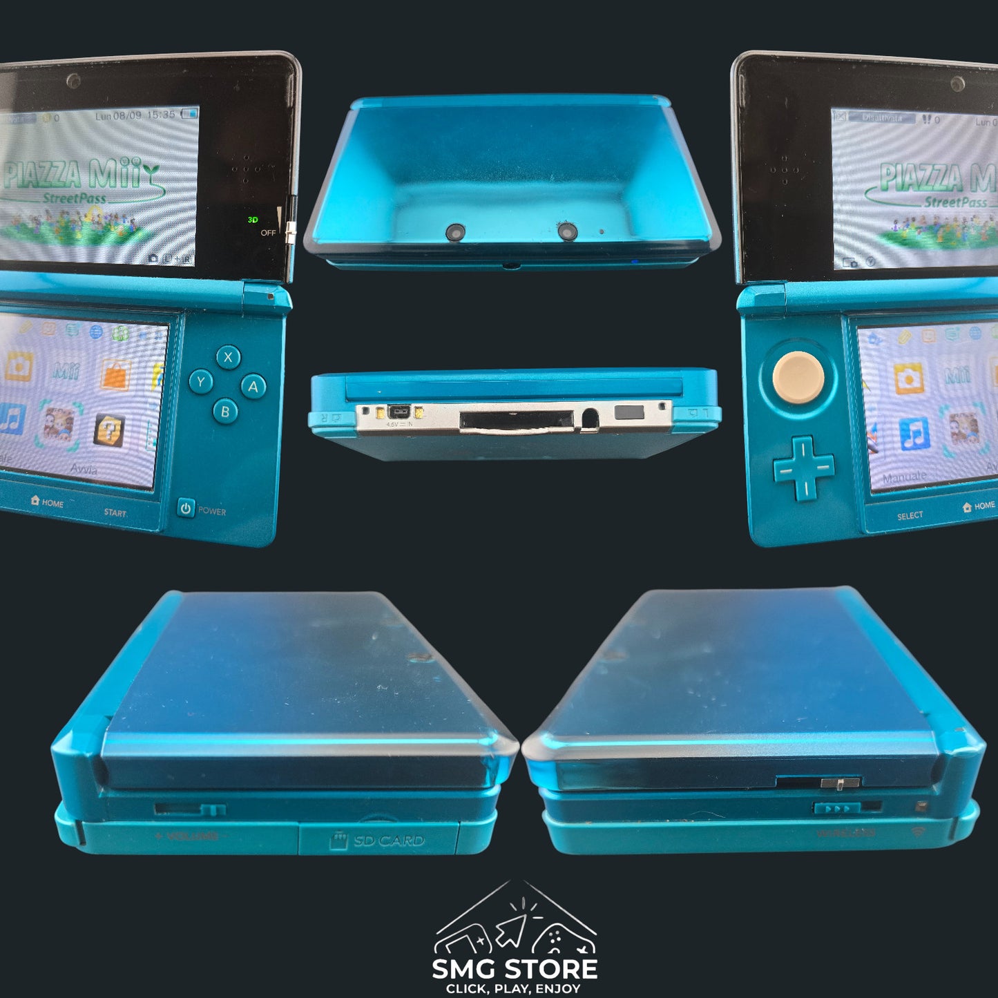 Nintendo 3DS Turchese Blu - Caricatore originale e 2 Giochi in 3D